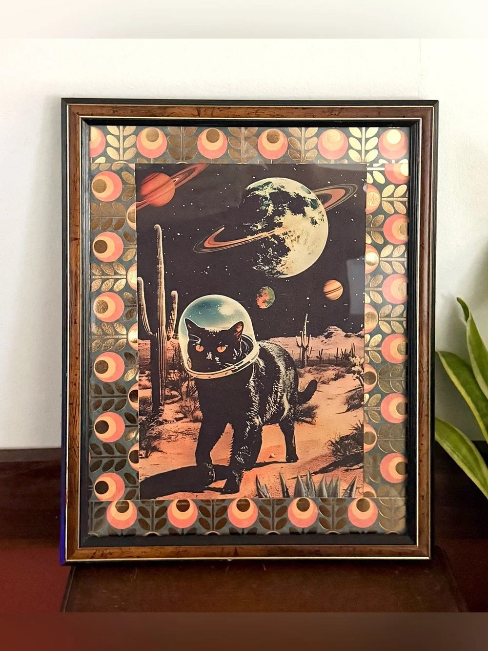 Black Astronaut Cat Vintage Style Canvas Print Desert Cactus Black Gold Framed
